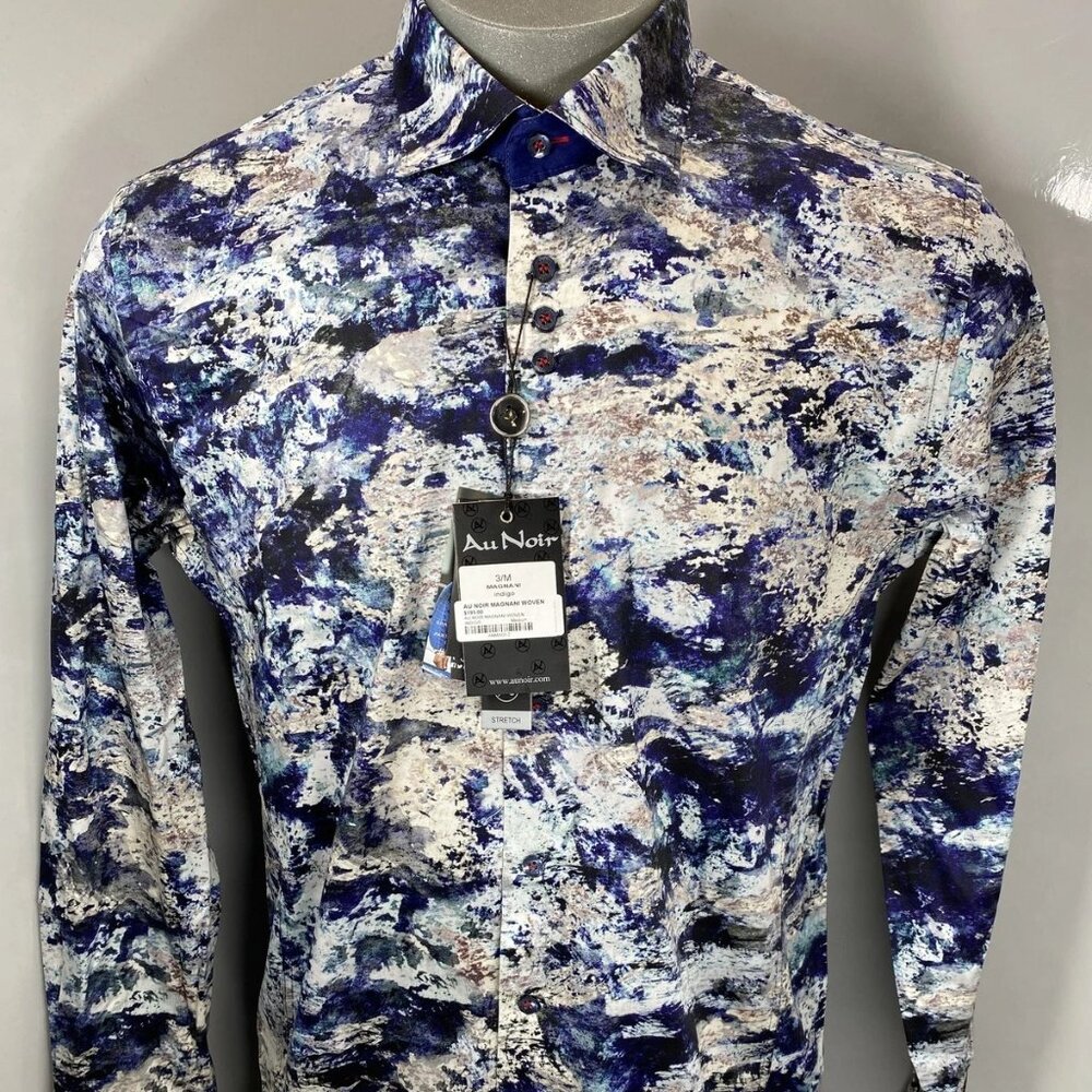 Au Noir Men’s Magnani Woven Stretch Button-Down Shirt – Indigo Abstract